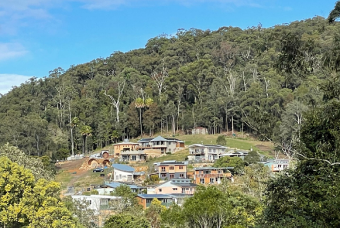 Several houses on a hillside surrounded by bushland